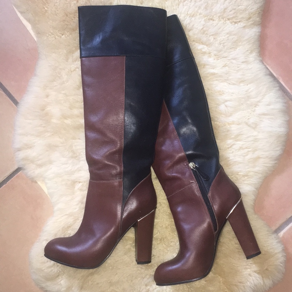 Two Tone Black & Brown Knee High Leather Boots with Gold Accents
